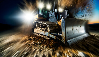 Bulldozer on the construction site. Tracked machine with excavation