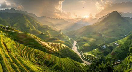 A panoramic view of terraced rice fields in Vietnam, with the winding river flowing through them and lush greenery on mountainsides