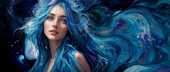Mythical siren princess with blue eyes and alluring ethereal grace, bewitching beauty and her long wavy hair flows with the ocean waters - fantasy role playing female portrait. - obrazy, fototapety, plakaty