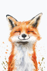 Obraz premium smiling fox, cute and happy, watercolor, white background, pastel colors, soft brush strokes, in the style of a children's book illustration, simple, cute, full body, clean edges
