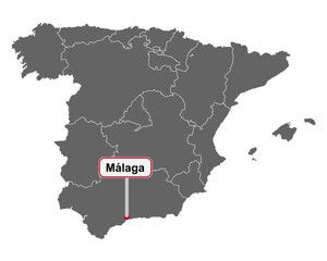 Landkarte von Spanien mit Ortsschild Malaga
