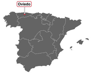 Landkarte von Spanien mit Ortsschild von Oviedo