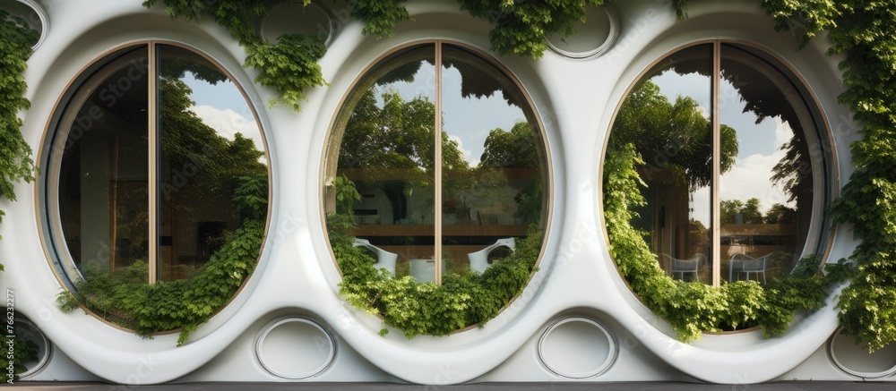 Poster a building with a facade covered in plants and numerous windows, creating a green oasis in the urban