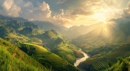 Schilderijen op glas A panoramic view of terraced rice fields in Vietnam, with the winding river flowing through them and lush greenery on mountainsides © Kien