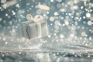 A gift box gently on a shimmering silver background. Copy space