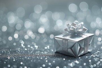 An elegant gift box gently landing on a shimmering silver background. Copy space