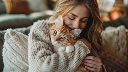 Woman hugging cat on couch in living room
