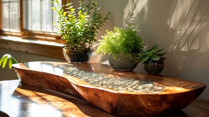 Obraz premium Artisanal maple side table with clear resin stream and duo of green plants