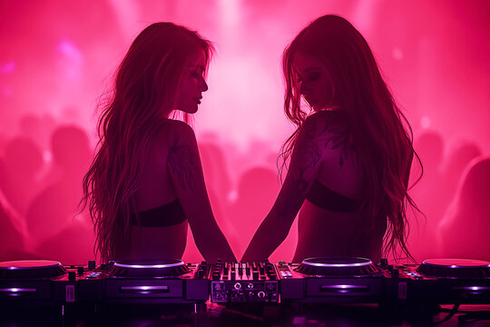 Two sexy go-go girls dancing on stage of nightclub at DJ booth with mixer console