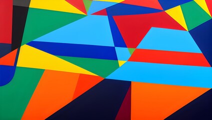 Abstract geometric background with vibrant overlapping triangles in red, blue, green, and yellow.