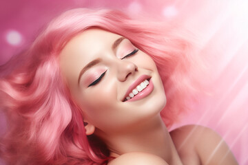 Radiant young person with vivid pink hair smiling joyously