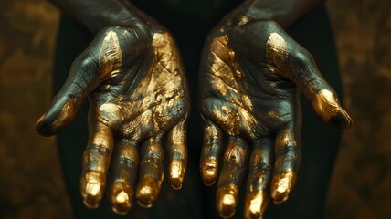 Fototapeta premium Elegantly posed hands painted in black with gold fingertips