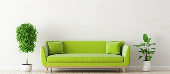 A cozy green couch is placed in a minimalist white room with a vibrant potted plant adding a touch of nature