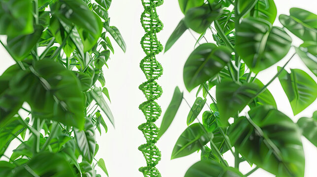 green dna chains grow leaves green life, c4d, 3d render, white background, concept, abstract, a lot of empty space on the sides, separated from the background