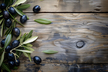 Olives and leaves on a wooden table, surrounded by a rustic ambiance
