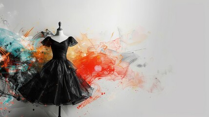 Monochrome dress form contrasted with colorful fashion illustrations