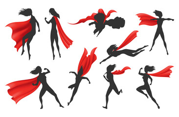 Woman superhero silhouette with scarlet fabric silk cloak set. Mantle costume or cover cartoon vector illustration © designer_things