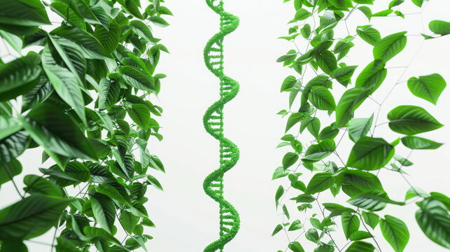 green dna chains grow leaves green life, c4d, 3d render, white background, concept, abstract, a lot of empty space on the sides, separated from the background
