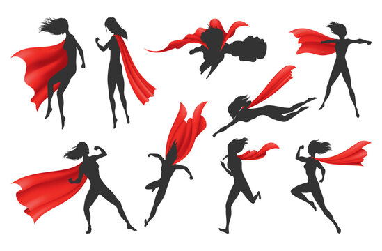 Woman superhero silhouette with scarlet fabric silk cloak set. Mantle costume or cover cartoon vector illustration
