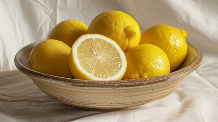 Bowl of ripe lemons on white backdrop with a half-cut fruit