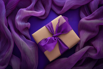A gift box with purple ribbon on purple background. Copy space.