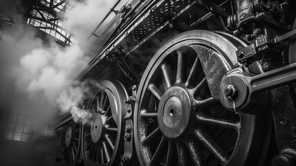 Vintage steam train details in monochrome emphasizing steam and metal