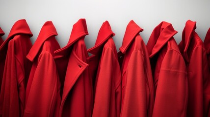 Bold red garments lined up against a crisp white background