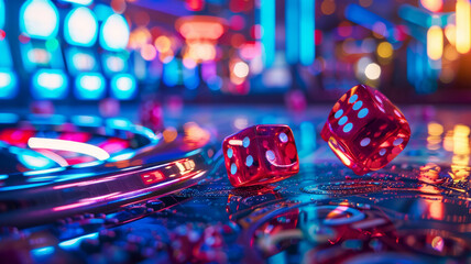 Fototapeta na wymiar Bright casino symbols on slot wheels with blurred dice in motion