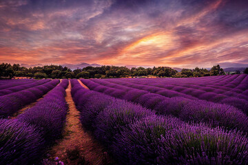 Purple lavender fields at sunset, beautiful summer landscape with violet flowers at countryside, blooming lavender lines at france