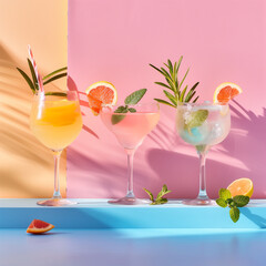 Refreshing cocktails in elegant glass is adorned with carefully crafted fruit garnishes and herbs, set against a dual-tone pastel background - 766233670