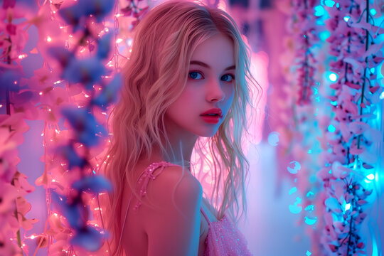 A charming image of a young beauty surrounded by a neon forest