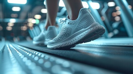Running shoes on treadmill in a fitness center during workout