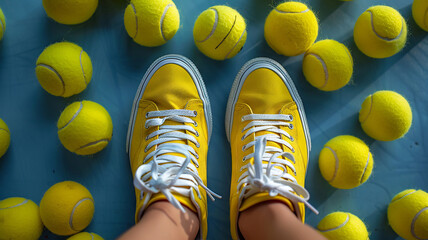 Raised legs in yellow sneakers amid scattered tennis balls - obrazy, fototapety, plakaty