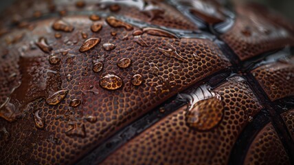 Morning dew glistens on an old leather basketball