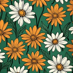 Fototapeta na wymiar Daisy pattern, hand draw, simple line, green and orange