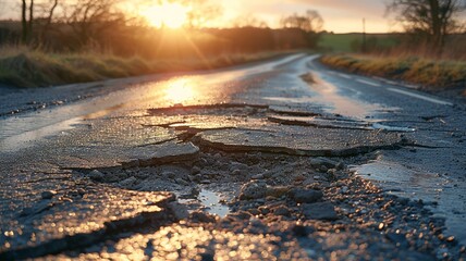 Harsh daylight exposes a stark landscape of a broken road