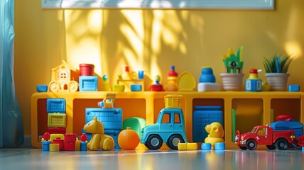 Bright hues of a children's toy collection highlighted in natural daylight