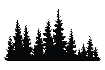 Fir trees silhouette. Coniferous spruce horizontal background pattern, black evergreen woods vector illustration. Beautiful hand drawn panorama of coniferous forest - obrazy, fototapety, plakaty