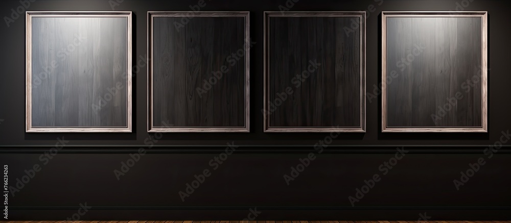 Poster display of three framed paintings on a black wall in an empty room, creating an artistic focal point