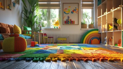 Creative space for children with vibrant rug and interactive play area