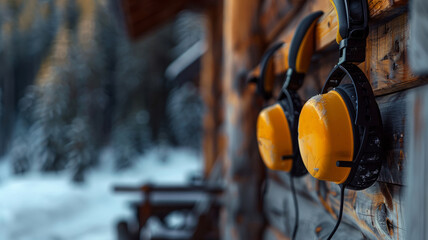Safety gear with plush ear cushions hung on a rugged wooden pillar
