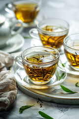 In this beautifully composed image, four cups of golden herbal tea are elegantly arranged on a marble tray, adorned with fresh green leaves. The soft lighting creates a warm and inviting ambiance - 766234231