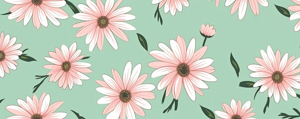 Fototapeta na wymiar Daisy pattern, hand draw, simple line, green and pink