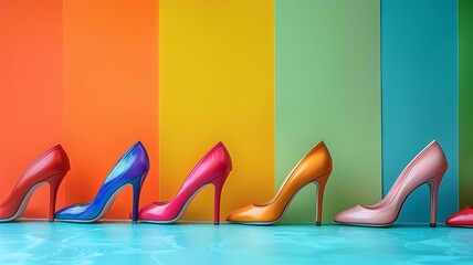 Bright colors highlight a playful arrangement of high heels