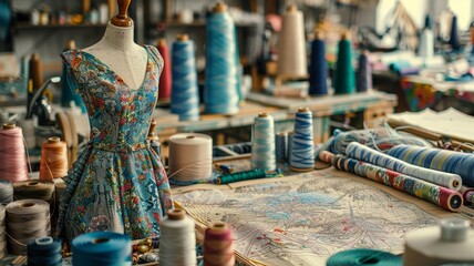 Crafting a fashion sketch amidst a tapestry of sewing essentials