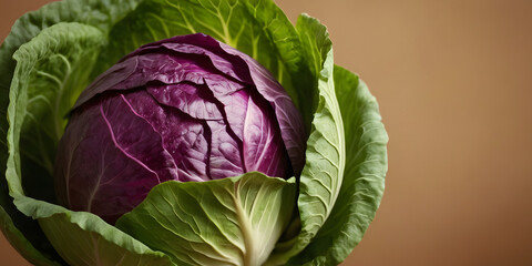 purple cabbage with green leaves on yellow background