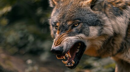 Fototapeta premium An image capturing a close-up of a snarling wolf, its teeth bared in a threatening display of aggression as it defends its territory.