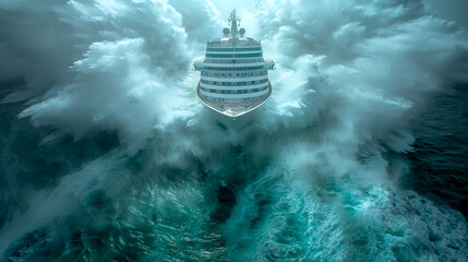 Storm in the North Sea. The ship makes its way among the raging waves and ice.