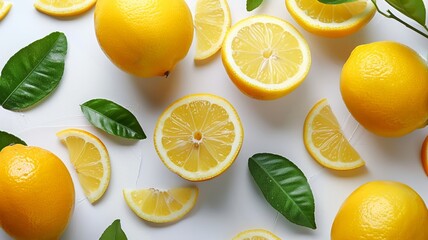 Citrus freshness with whole and sliced lemons on a white surface