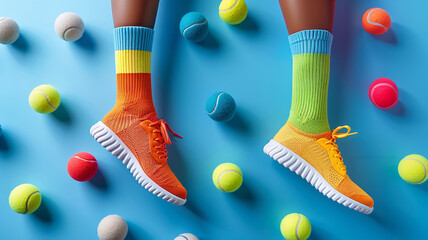 Colorful socks and sneakers hover over tennis balls on blue